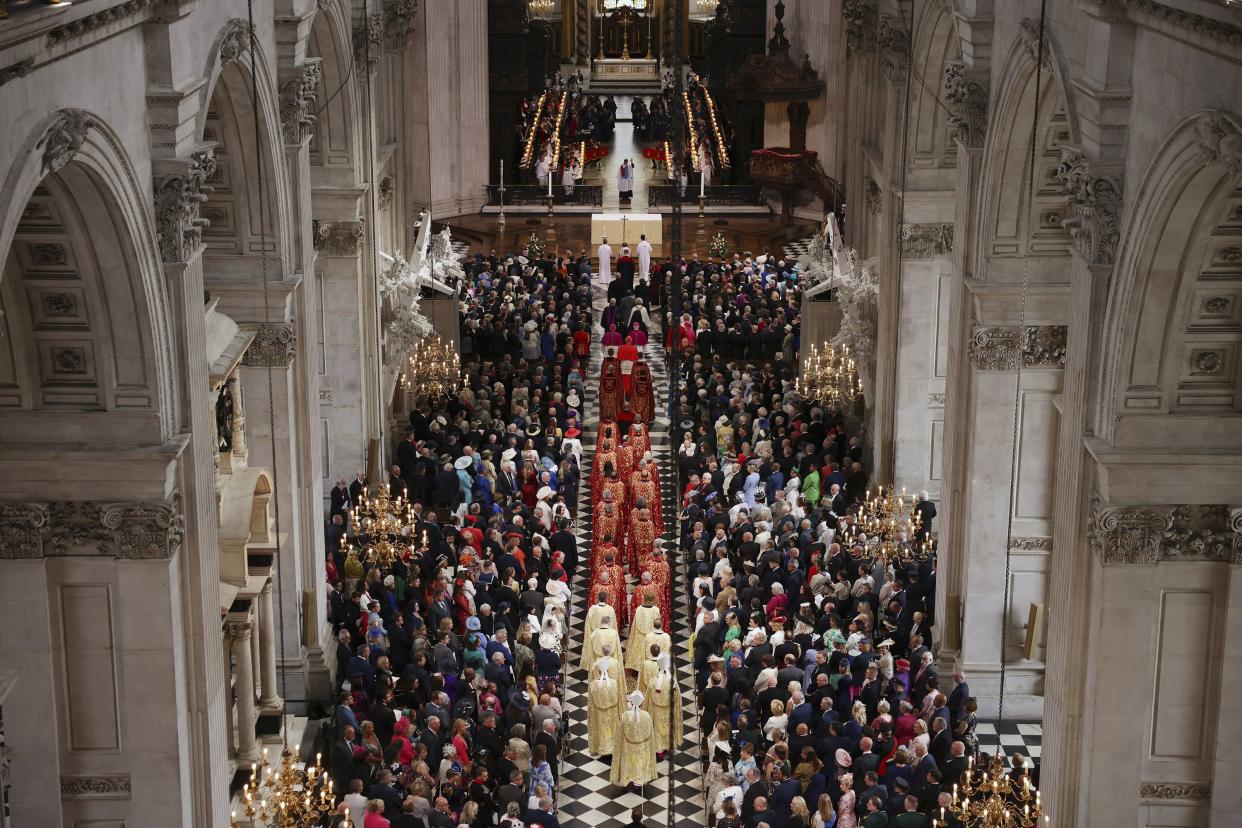 A general view of a service of thanksgiving for the reign of Queen Elizabeth II at St Paul’s Cathedral in London, Friday, June 3, 2022.