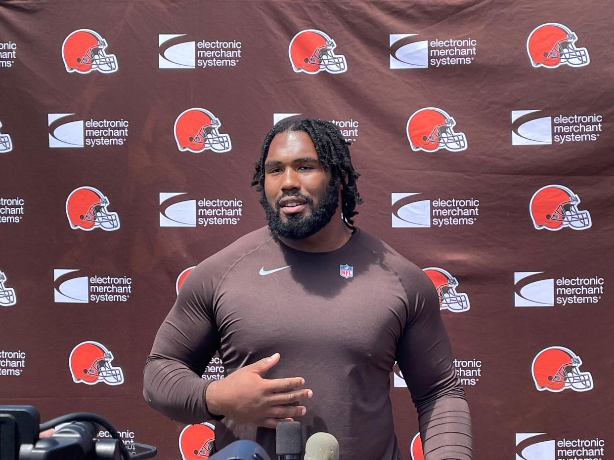 Defensive tackle Jowon Briggs addresses media on Friday, May 10, 2024, before the first practice of Cleveland Browns rookie minicamp at team headquarters in Berea, Ohio. The Browns drafted Briggs on April 27 in the seventh round out of the University of Cincinnati.