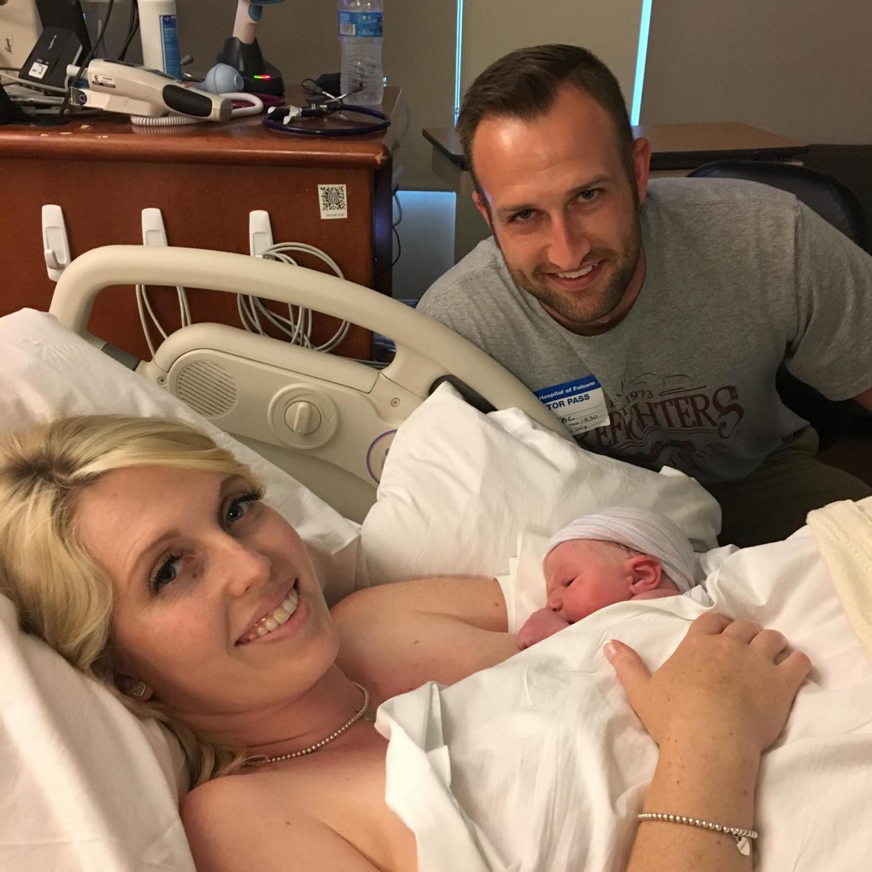 Shawn Kellogg poses in the hospital with his wife Shantel and his newborn son Wyatt. (Credit: Shawn Kellogg)