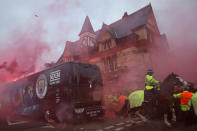 <p>Soccer Football – Champions League Quarter Final First Leg – Liverpool vs Manchester City – Anfield, Liverpool, Britain – April 4, 2018 Liverpool fans set off flares and throw missiles at the Manchester City team bus outside the stadium before the match Action Images via Reuters/Carl Recine </p>