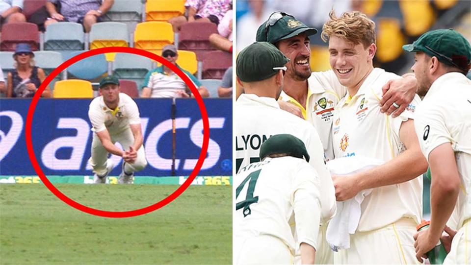 Cameron Green (pictured right) celebrating with teammates and (pictured left) Josh Hazlewood taking a diving catch.