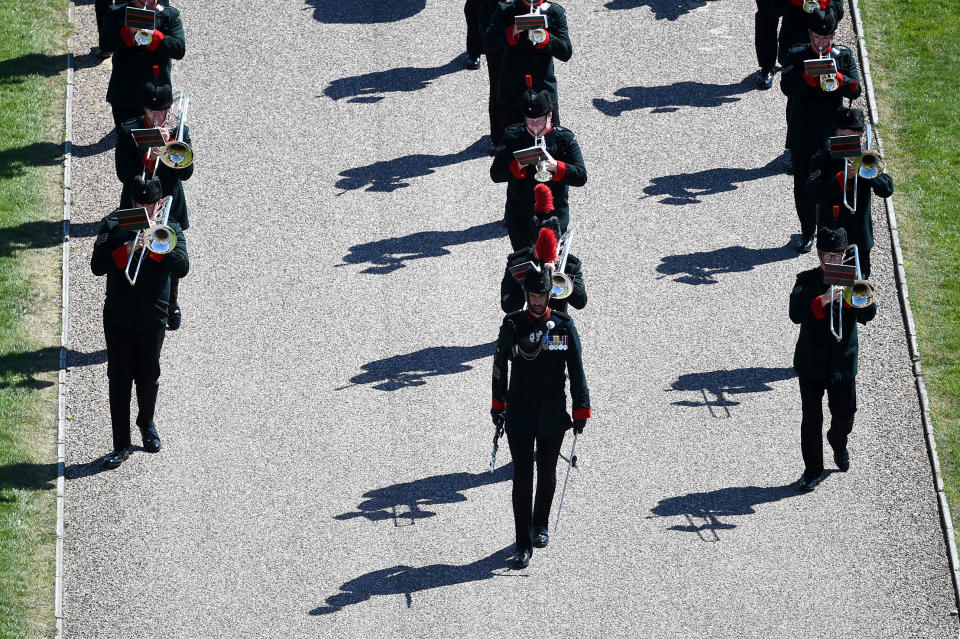 WINDSOR, ENGLAND - APRIL 17: The Band of the Rifles is seen ahead of the funeral of Prince Philip, Duke of Edinburgh at Windsor Castle on April 17, 2021 in Windsor, England. Prince Philip of Greece and Denmark was born 10 June 1921, in Greece. He served in the British Royal Navy and fought in WWII. He married the then Princess Elizabeth on 20 November 1947 and was created Duke of Edinburgh, Earl of Merioneth, and Baron Greenwich by King VI. He served as Prince Consort to Queen Elizabeth II until his death on April 9 2021, months short of his 100th birthday. His funeral takes place today at Windsor Castle with only 30 guests invited due to Coronavirus pandemic restrictions. (Photo by Kirsty O'Connor/WPA Pool/Getty Images)