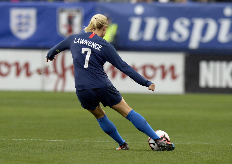 United States defender Abby Dahlkemper (7) plays against England during the first half of a SheBelieves Cup women's soccer match Saturday, March 2, 2019, in Nashville, Tenn. Dahlkemper honors actress Jennifer Lawrence by wearing her name on the back of her jersey. (AP Photo/Mark Zaleski)