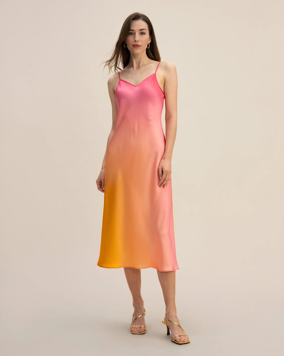 woman wears Lilysilk Pink Mimosa Bias-cut Dress