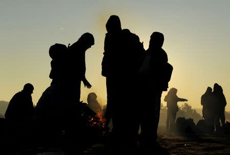 Stranded migrants are silhouetted at dawn at the Greek-Macedonian border, near the village of Idomeni, Greece, December 8, 2015. REUTERS/Alexandros Avramidis