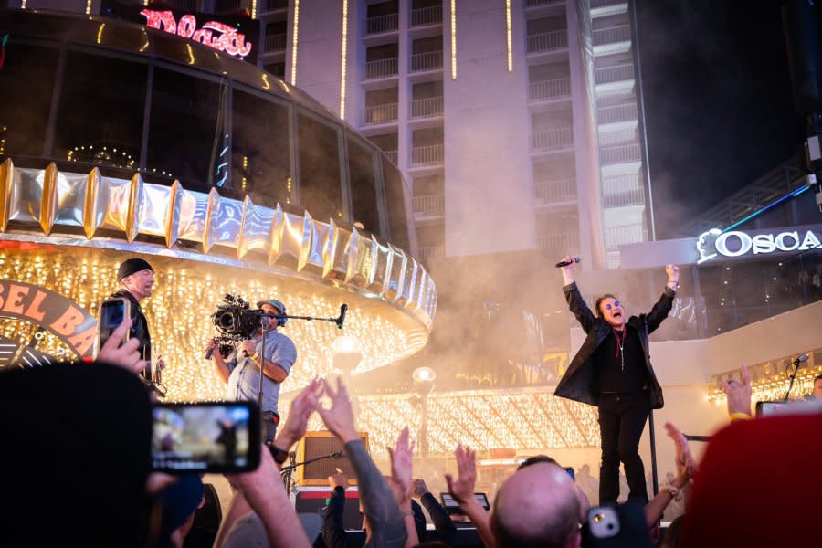 U2 shoots music video on Fremont Street in Las Vegas on Sept. 17, 2023. (Credit: @CityOfLasVegas)