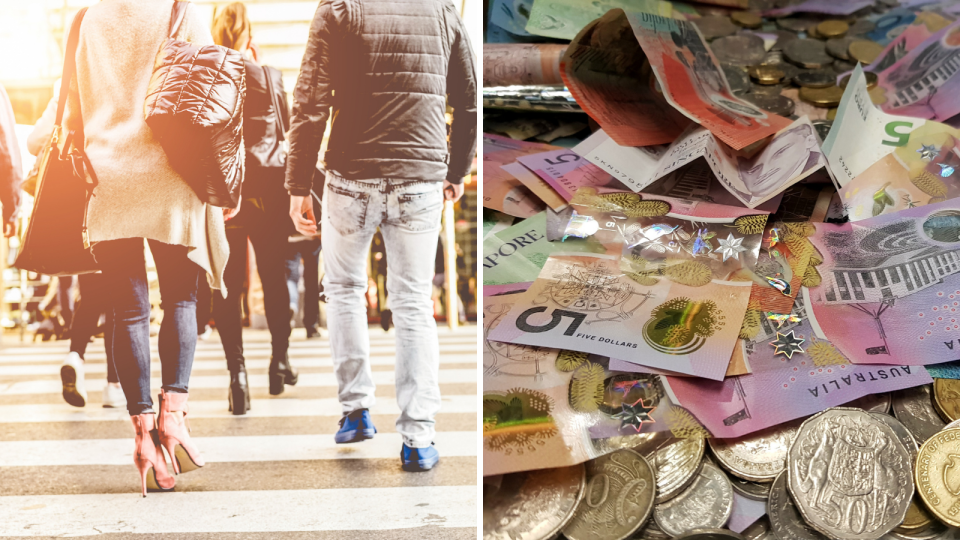 Pedestrians cross busy Australian road, Australian $5 notes and mixed coins. 