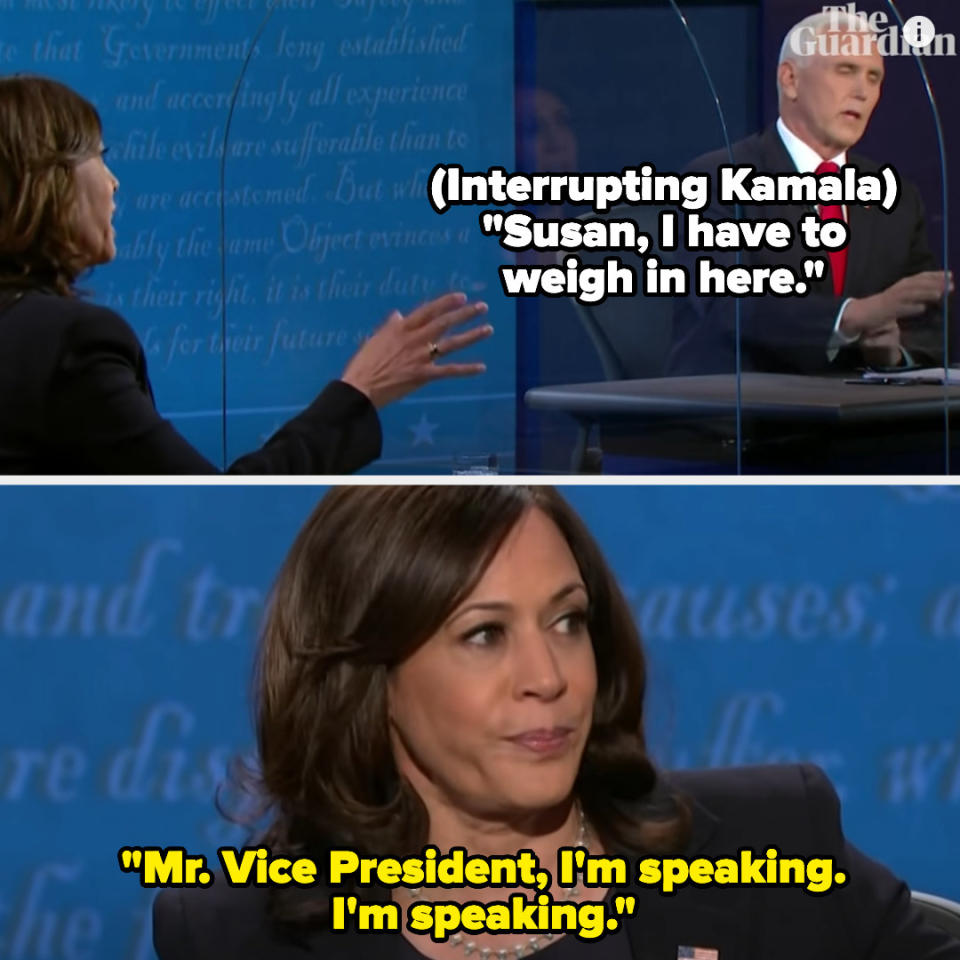 Mile Pence intertupting Kamala at a vice presidential debate and kamala saying "'m speaking"