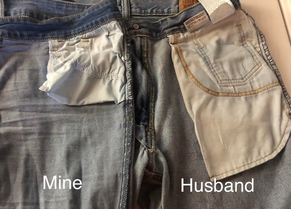 A side-by-side comparison of a woman's small jean pockets next to her husband's much deeper pockets