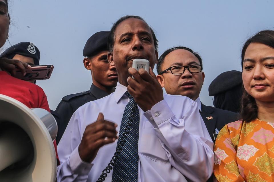 Human Resources Minister M. Kulasegaran speaks to reporters outside the Parliament in Kuala Lumpur November 13, 2019.