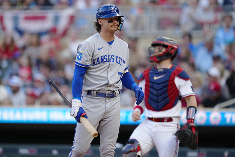 Kansas City Royals' Bobby Witt Jr. reacts after striking out against the Minnesota Twins during the second inning of a baseball game Wednesday, July 5, 2023, in Minneapolis. (AP Photo/Abbie Parr)