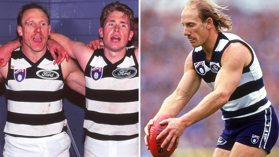 Gary Ablett Sr sings the Geelong team song on the left, and lines up a shot on goal on the right.