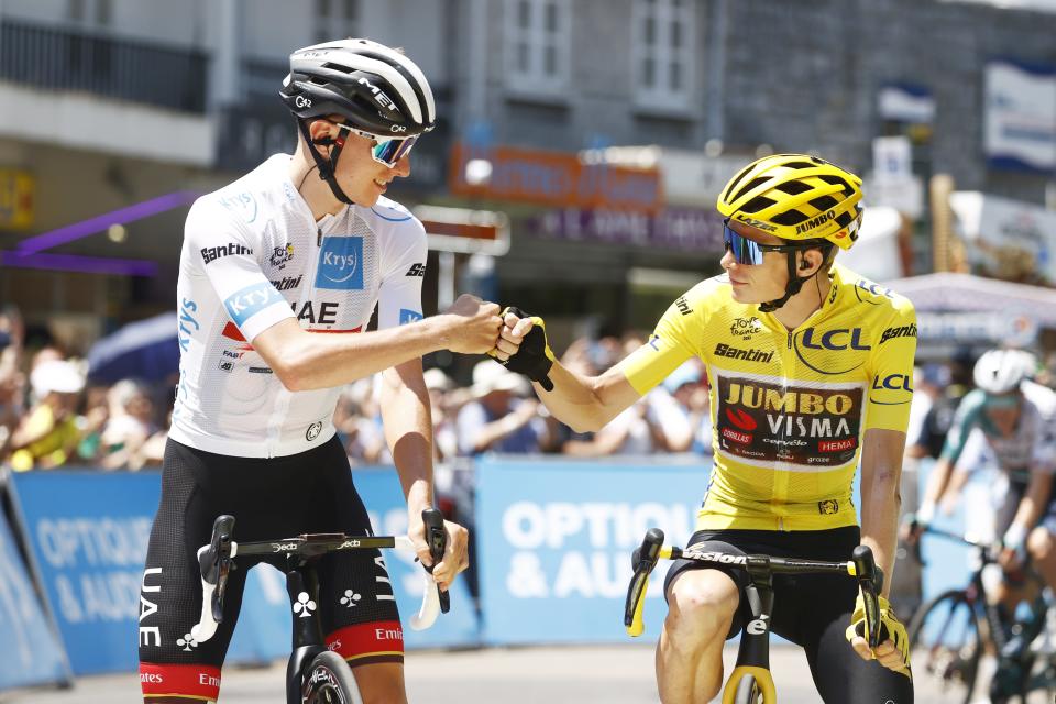 Tadej Pogacar and Jonas Vingegaard greet one another before the start (EPA)