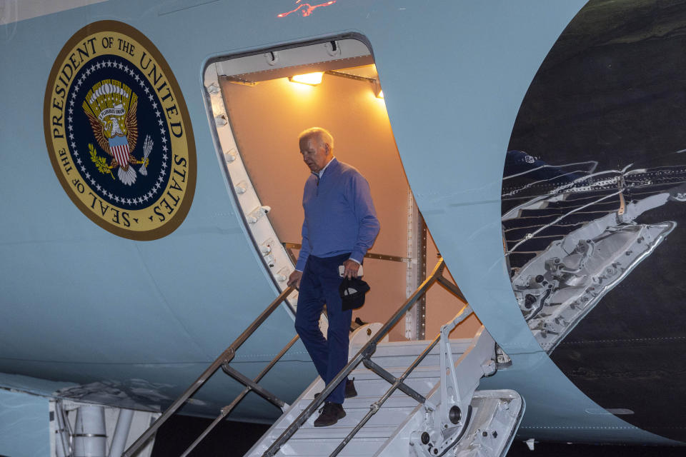 President Joe Biden steps off Air Force One upon arrival, Thursday, Jan. 25, 2024, at Andrews Air Force Base, Md. Biden is returning from Wisconsin. (AP Photo/Alex Brandon)