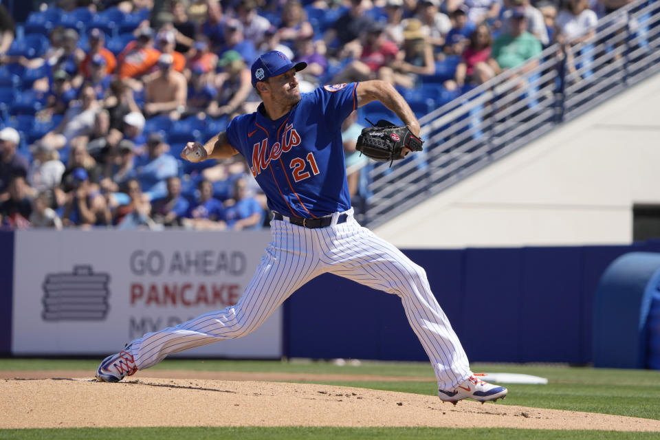 New York Mets starting pitcher Max Scherzer throws during the first inning of a spring training baseball game against the Washington Nationals Sunday, Feb. 26, 2023, in Port St. Lucie, Fla. (AP Photo/Jeff Roberson)