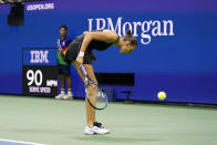 Karolina Pliskova, of the Czech Republic, reacts after winning a point against Amanda Anisimova, of the United States, during the second round of the US Open tennis championships, Thursday, Sept. 2, 2021, in New York. (AP Photo/Frank Franklin II)