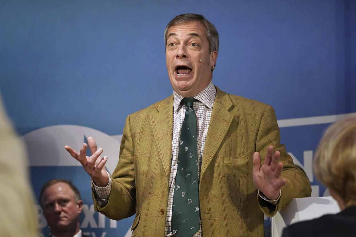 Brexit Party leader Nigel Farage speaks at One Stop Golf in Hull, East Yorkshire, whist on the General Election campaign trail in England, Thursday, Nov. 28, 2019. (Owen Humphreys/PA via AP)