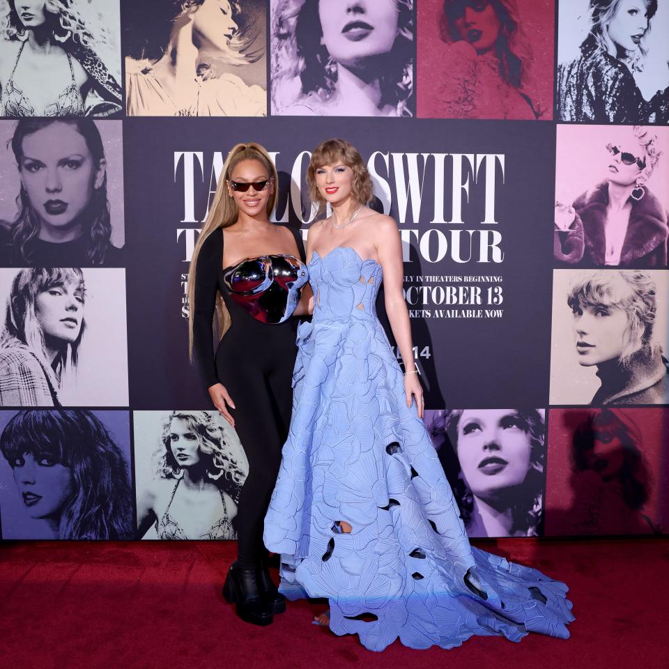 (L-R) Beyoncé Knowles-Carter and Taylor Swift attend the "Taylor Swift: The Eras Tour" Concert Movie World Premiere at AMC The Grove 14 on Oct. 11, 2023, in Los Angeles, California.