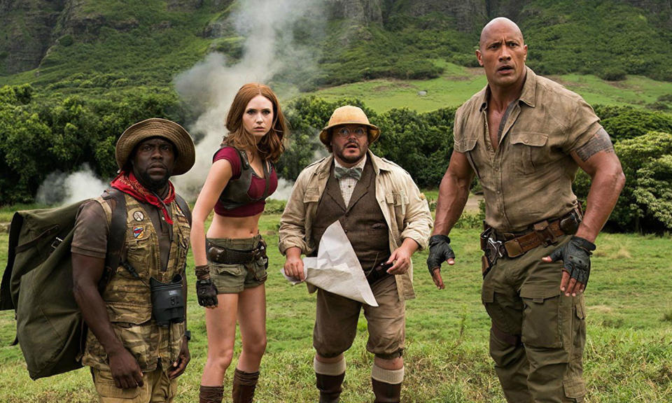 Kevin Hart, Karen Gillan, Jack Black and Dwayne Johnson star in Jumanji: Welcome to the Jungle. (Sony Pictures)