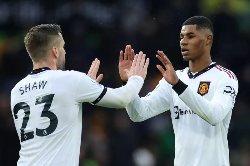 Luke Shaw and Marcus Rashford embrace each other Manchester United's 1-0 win at Wolves in December 2022.