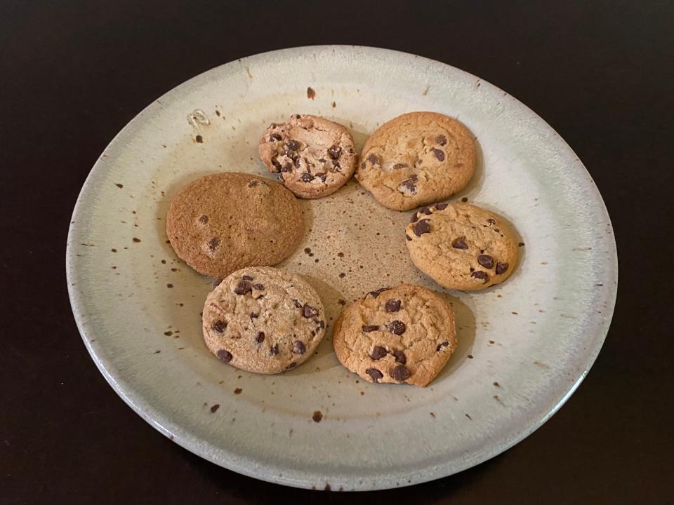 plate of different chocolate chip cookies from the grocery store