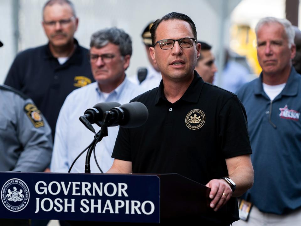 Pennsylvania Gov. Josh Shapiro speaks during a news conference following the I-95 collapse.