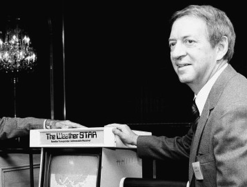 FILE - In this July 30, 1981 photo, John Coleman, The Weather Channel founder, attends a news conference in New York. On Friday, July 29, 2022, The Associated Press reported on stories circulating online incorrectly claiming climate change is not happening, nor are humans causing significant global warming. (AP Photo/Marty Lederhandler, File)