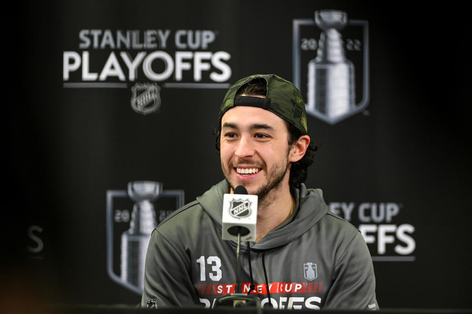 CALGARY, AB - MAY 15: Calgary Flames Left Wing Johnny Gaudreau (13) speaks to the media after his team advanced to the second round following their 3-2 overtime win over the Dallas Stars in game 7 of the first round of the NHL Stanley Cup. Playoffs on May 15, 2022, at the Scotiabank Saddledome in Calgary, AB.  (Photo by Brett Holmes/Icon Sportswire via Getty Images)