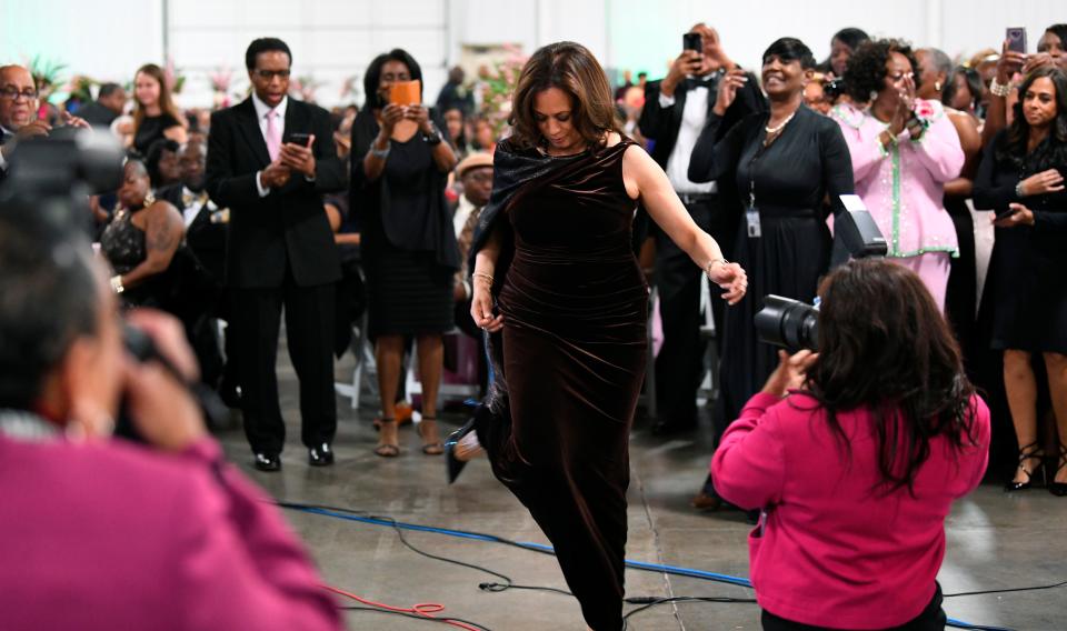 California Sen. Kamala Harris appears at the Pink Ice Gala, hosted by the Alpha Kappa Alpha sorority on  Jan. 25, 2019, in Columbia, S.C. Harris is a member of the sorority.