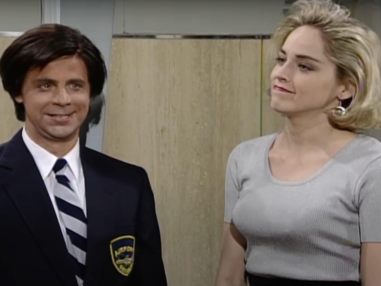 Dana Carvey and Sharon Stone in the "Airport Security Sketch" on "Saturday Night Live" in 1992.