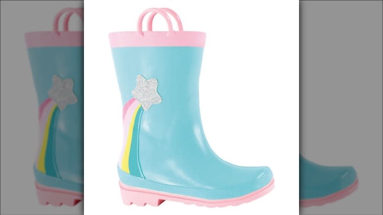 blue rainboot with rainbow