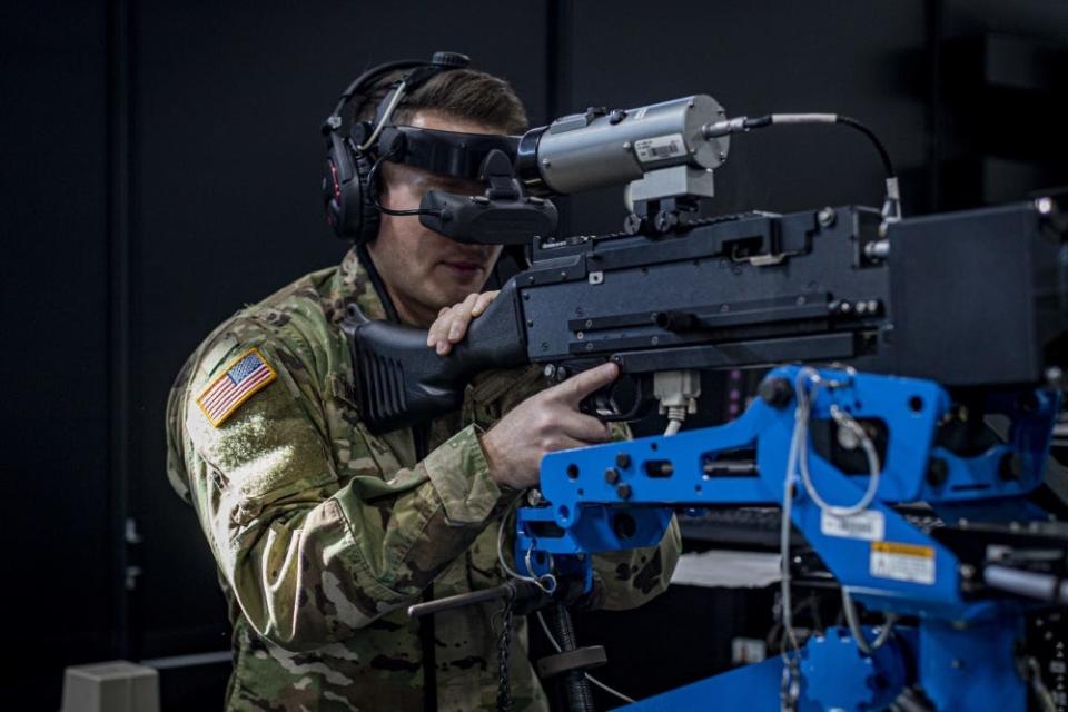 A U.S. Army Soldier with the New Jersey National Guard’s D Company, 1-114th Infantry Regiment (Air Assault) trains with a heavy weapons simulator at the Observer Coach/Trainer Operations Group Regional Battle Simulation Training Center on Joint Base McGuire-Dix-Lakehurst, N.J., Feb. 8, 2020.