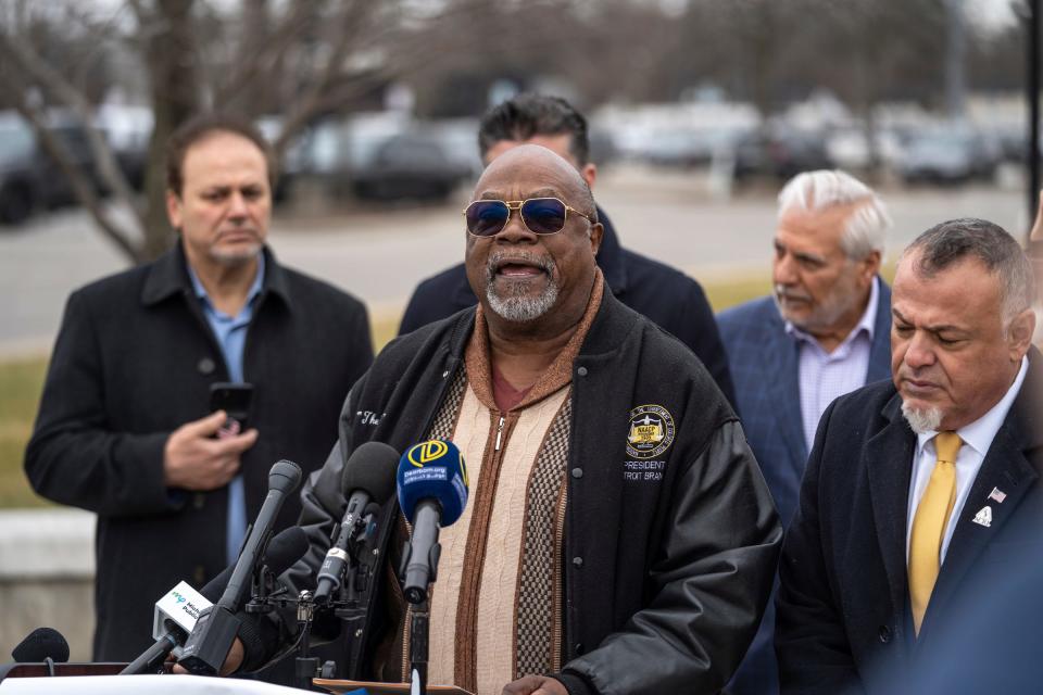 Detroit branch NAACP President the Rev. Dr. Wendell Anthony speaks during a news conference of the Arab American Civil Rights League outside the Dearborn Police Department on Monday, Feb. 5, 2024, denouncing an opinion piece published in The Wall Street Journal headlined "Welcome to Dearborn, America's Jihad Capital."