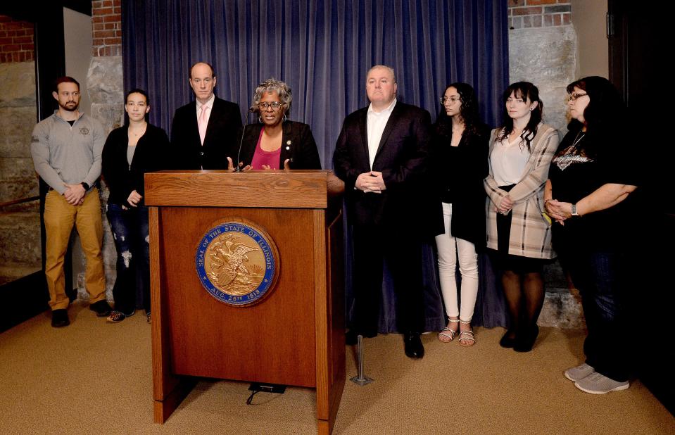 State Sen. Doris Turner, D-Springfield, front, speaks about Senate Bill 2643 Thursday at the state Capitol, flanked by officials and family members who were given the wrong ashes of their loved one from a funeral home. SB 2643 would place further regulations on the death care industry.