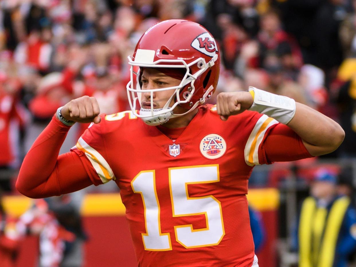 Patrick Mahomes celebrates a touchdown against the Pittsburgh Steelers.