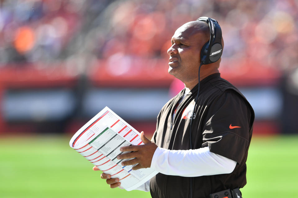 Cleveland Browns coach Hue Jackson fulfilled his promise on Friday and jumped into Lake Erie after the Browns went 0-16 last season. (Getty Images)