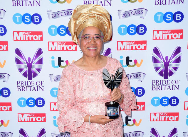 Dame Elizabeth Anionwu with the Lifetime Achievement Award, presented by Janet Jackson, in the press room during the Pride of Britain Awards held at the The Grosvenor House Hotel, London.