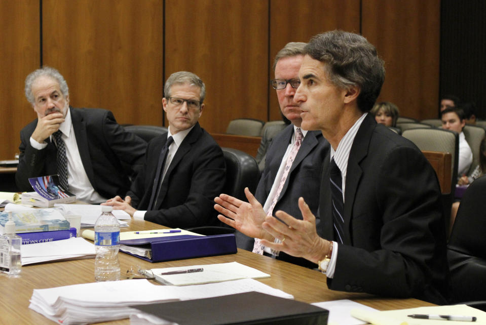 Attorney Bradley Phillips, right, representing civil right attorney Molly Munger, argues his case to stop state officials from giving Gov. Jerry Brown's proposed tax initiative top billing on the November ballot, in Sacramento Superior Court Monday, July 9, 2012. Munger, who is bankrolling a campaign to raise income taxes to fund pubic schools, sued last week after Brown signed a bill moving bond measures and constitutional amendments to the top of the ballot. Superior Court Judge Michael Kenny denied the request to stop the secretary of state from placing the governor's initiative first. (AP Photo/Rich Pedroncelli)