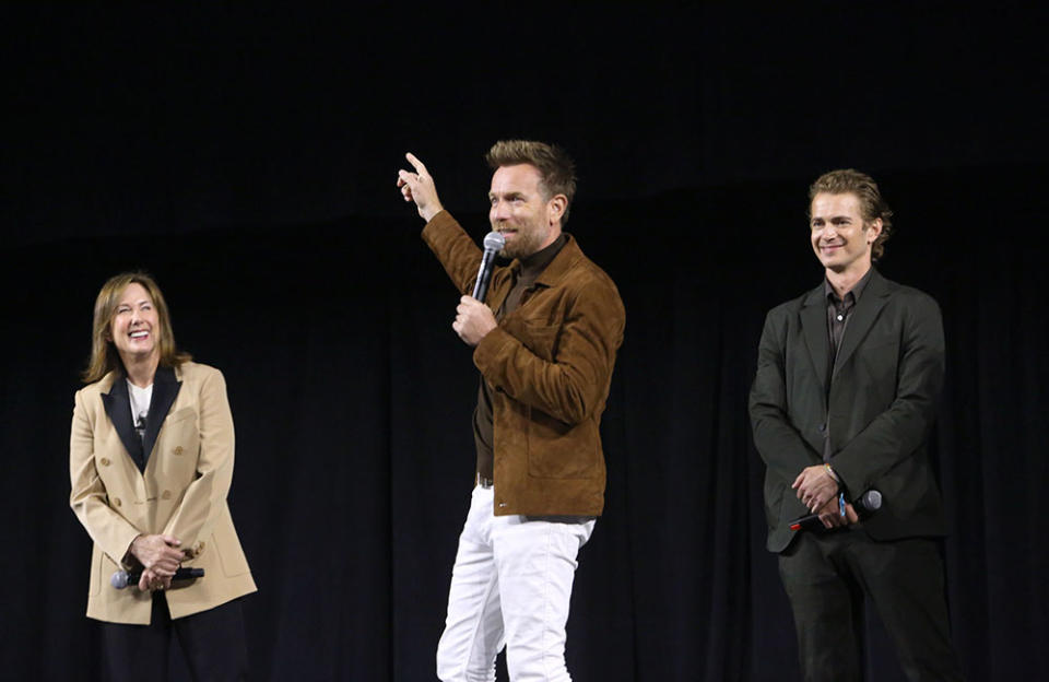 Lucasfilm president Kathleen Kennedy, Ewan McGregor and Hayden Christensen - Credit: Jesse Grant/Getty Images for Disney