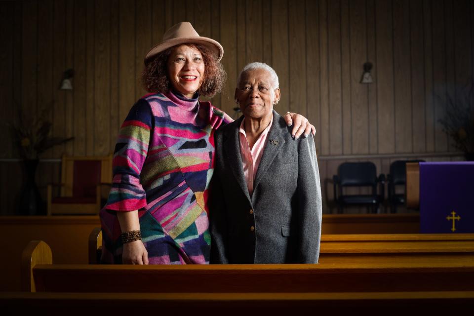 Norwood neighborhood residents, Vanessa Edwards, left, Flinora Frazier, right, the grand daughter of Penick Chapel AME Zion Church founder, Rev. Sidney Penick, are photographed in the church which was founded in 1889, on Tuesday, March 1, 2022, in the Norwood neighborhood of Indianapolis. The Norwood neighborhood was a Freetown founded and built by Civil War veterans in the 1860s, and Frazier is a direct descendant of those founders. 