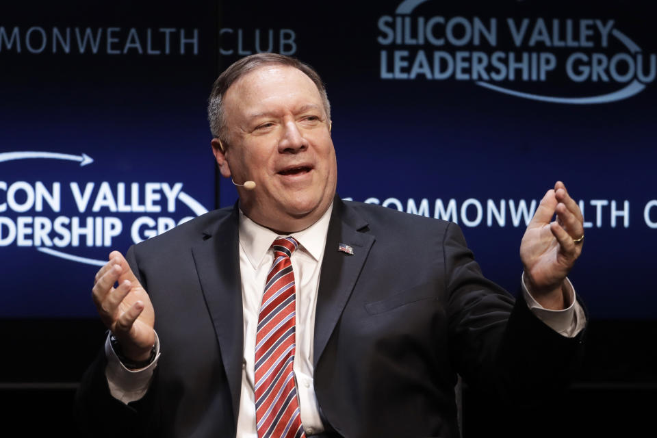 Secretary of State Mike Pompeo gestures while speaking at the Commonwealth Club in San Francisco, Monday, Jan. 13, 2020. (AP Photo/Jeff Chiu)