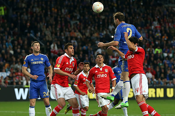 <p>Branislav Ivanovic of Chelsea scores a wonderful header during the Europa League Final.</p>