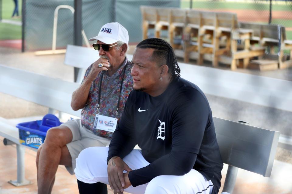 Former manager Jim Leyland talks with Detroit Tigers designated hitter Miguel Cabrera during Spring Training Thursday, February 23, 2023.