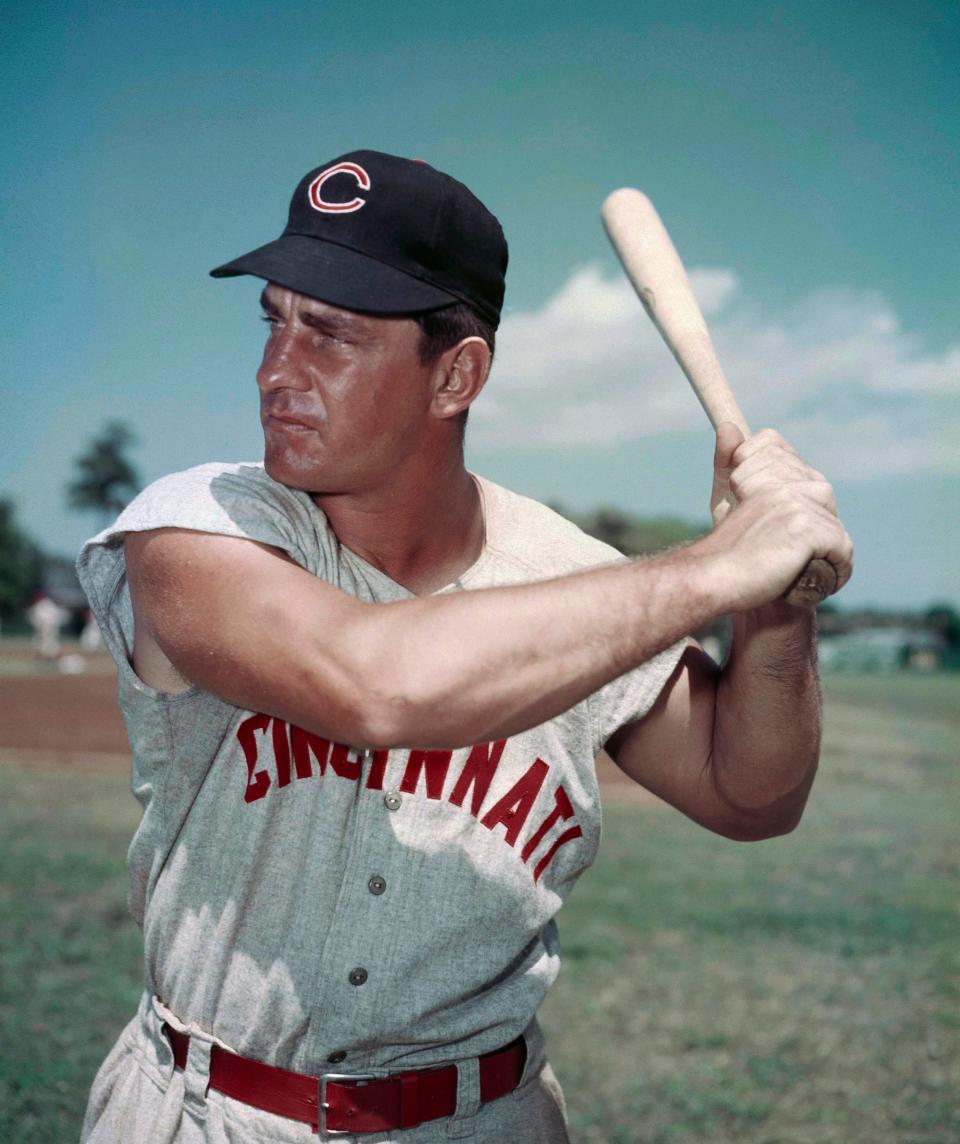 FILE - This March 1957 file photo shows Cincinnati Reds infielder Ted Kluszewski. Years before he journeyed to "The Twilight Zone," television writer Rod Serling made a brief detour to the strike zone, writing a comedy about baseball. The comedy is peppered full of references to Reds slugger Ted Kluszewski, Stan Musial, Willie Mays, Duke Snider and other stars of the day. (AP Photo/File)