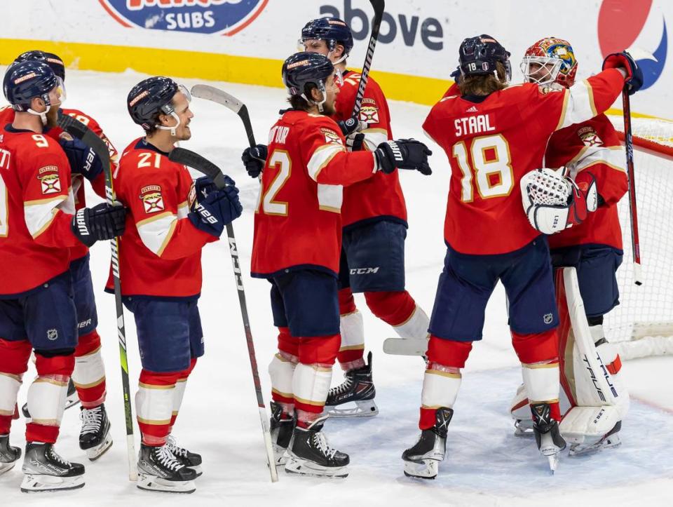 Teammates lineup to celebrate with Florida Panthers goaltender Sergei Bobrovsky (72) after they defeated the Carolina Hurricanes in Game 4 of the NHL Stanley Cup Eastern Conference finals series at the FLA Live Arena on Wednesday, May 24, 2023 in Sunrise, Fla.
