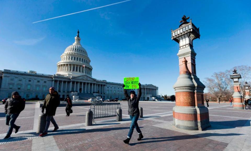 A demonstrator outside the US Capitol in Washington DC on Wednesday.