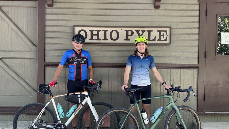 Dennis Romboy, left, and Marcus Romboy in Ohiopyle, Pennsylvania, one of the towns along the Great Allegheny Passage.