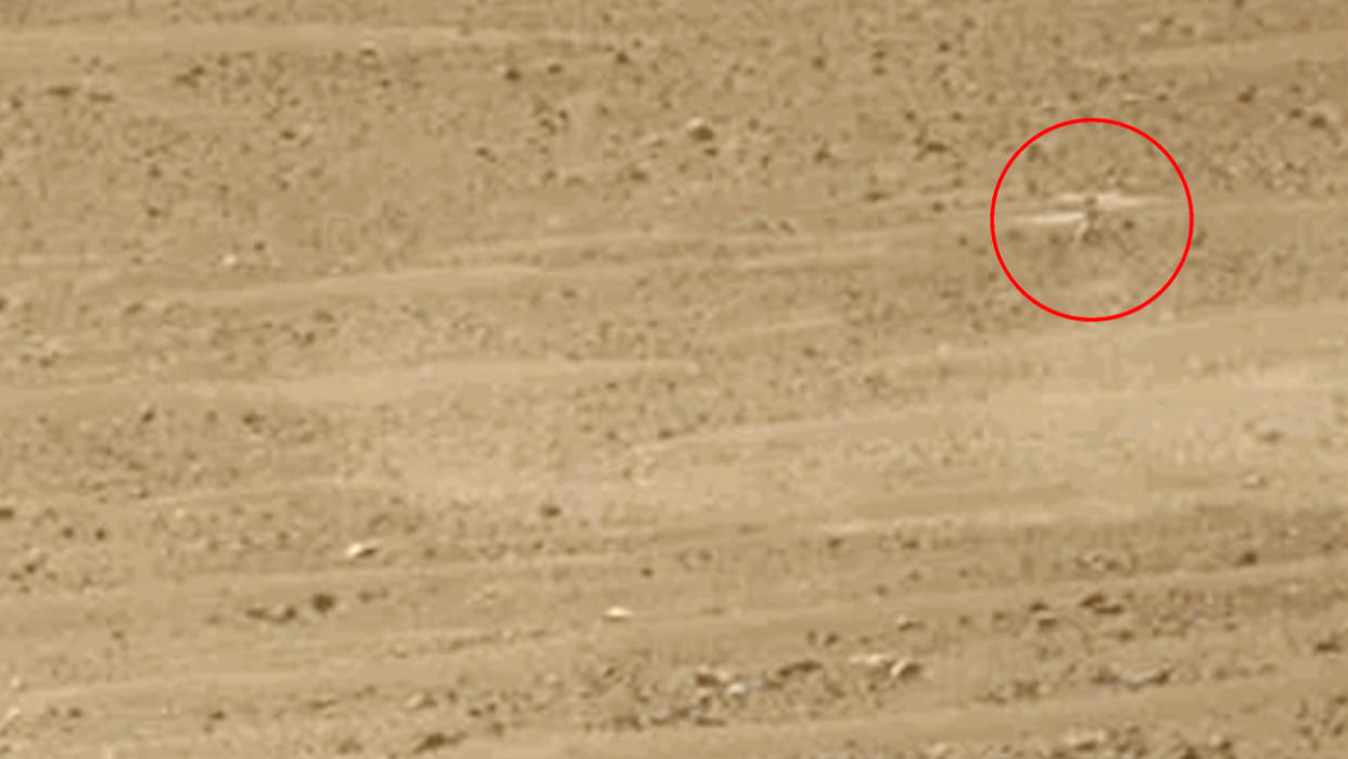  zoomed-in photo of martian surface with ingenuity helicopter circled for clarity 