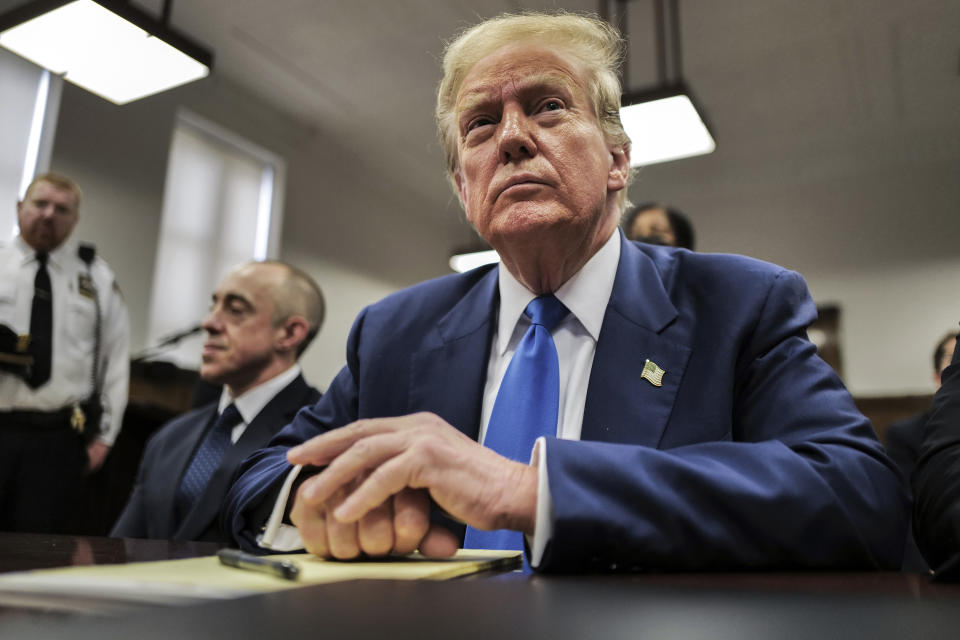 Former President Donald Trump appears at Manhattan criminal court before his trial in New York, Friday,, May 3, 2024.(Charly Triballeau/Pool Photo via AP)