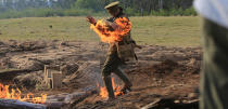 Filming Symons' fire-fighting scene required precision work by the stunt team.